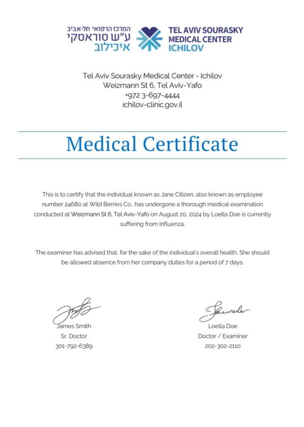 Tel Aviv Sourasky Medical Center medical certificate template in Word and PDF formats