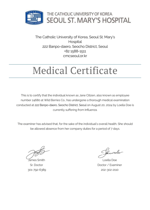 The Catholic University of Korea, Seoul St. Mary's Hospital medical certificate template in Word and PDF formats