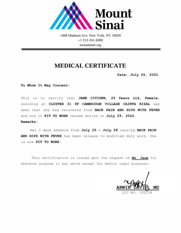 The Mount Sinai Hospital medical certificate template in Word and PDF formats