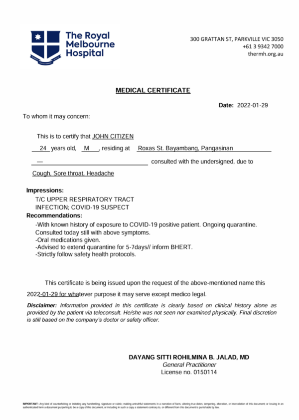 The Royal Melbourne Hospital - Parkville medical certificate template in Word and PDF formats