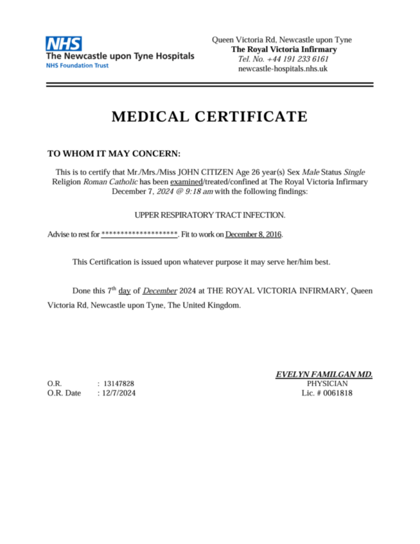 The Royal Victoria Infirmary medical certificate template in Word and PDF formats