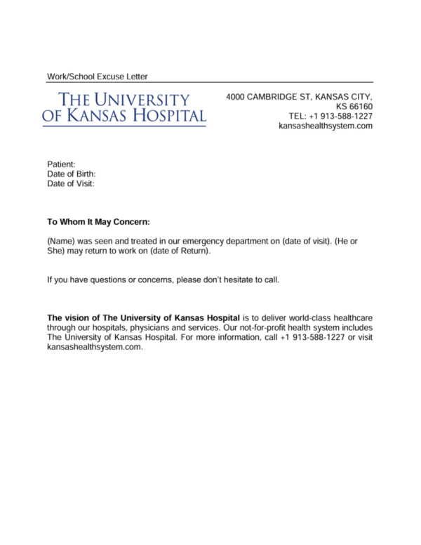 The University of Kansas Hospital excuse letter template in Word and PDF formats