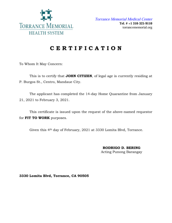 Torrance Memorial Medical Center medical certificate template in Word and PDF formats