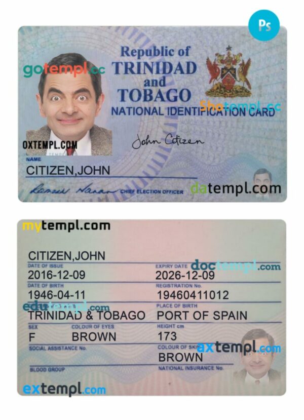 Trinidad and Tobago ID card PSD template, 2016-present