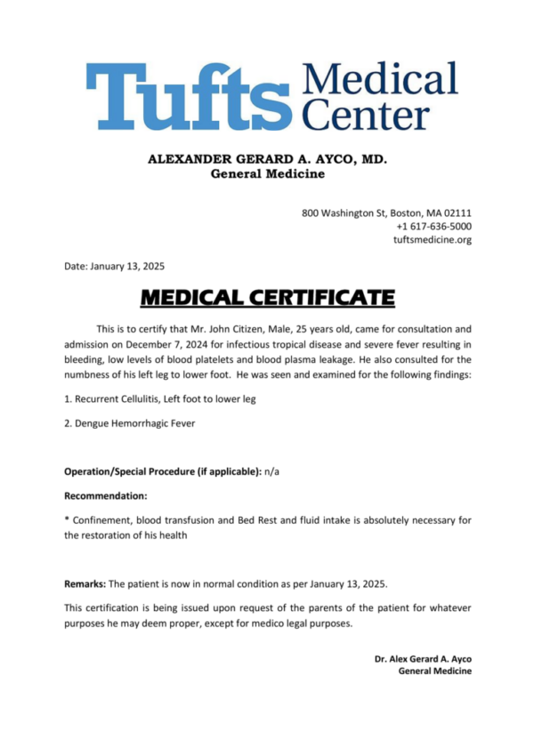 Tufts Medical Center medical certificate template in Word and PDF formats