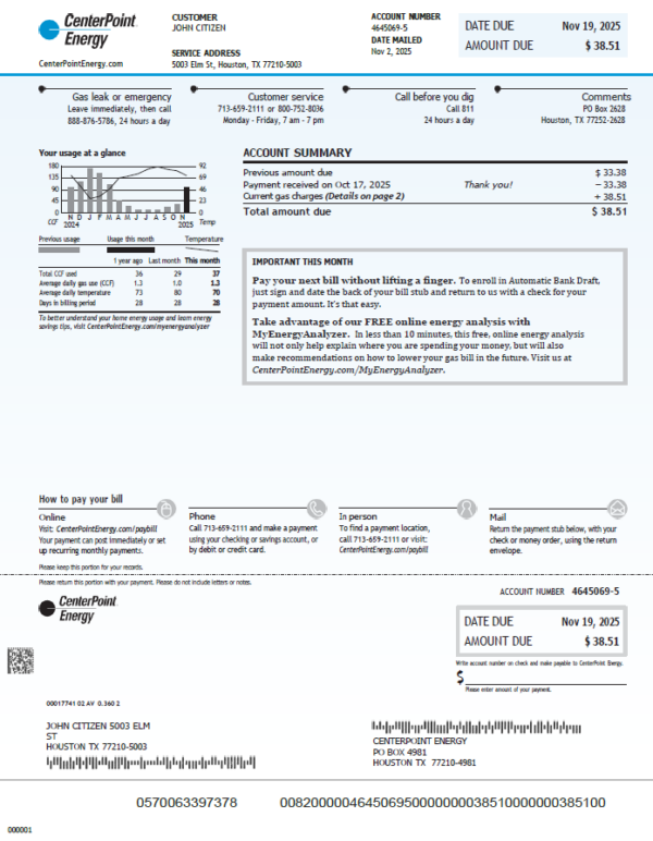 USA Center Point Energy utility bill template in Word and PDF formats