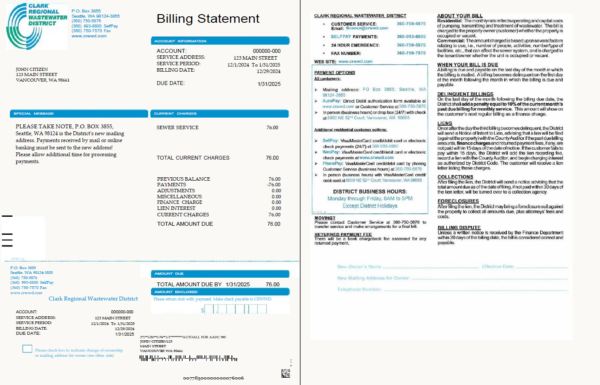 USA Clark Regional Wastewater District utility bill template in Word and PDF formats, 2 pages
