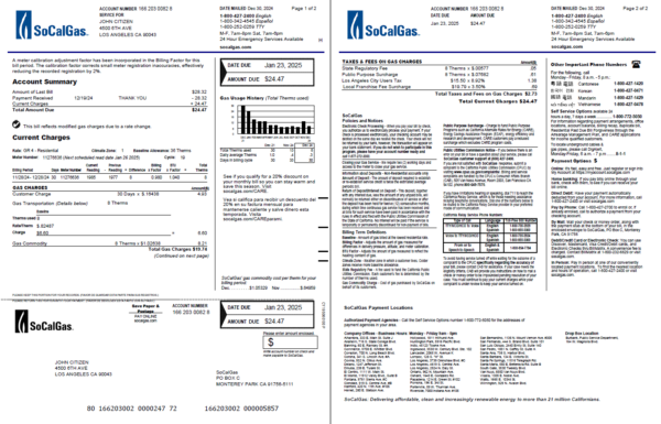 USA So Cal gas utility bill template in Word and PDF formats, 2 pages, version 4