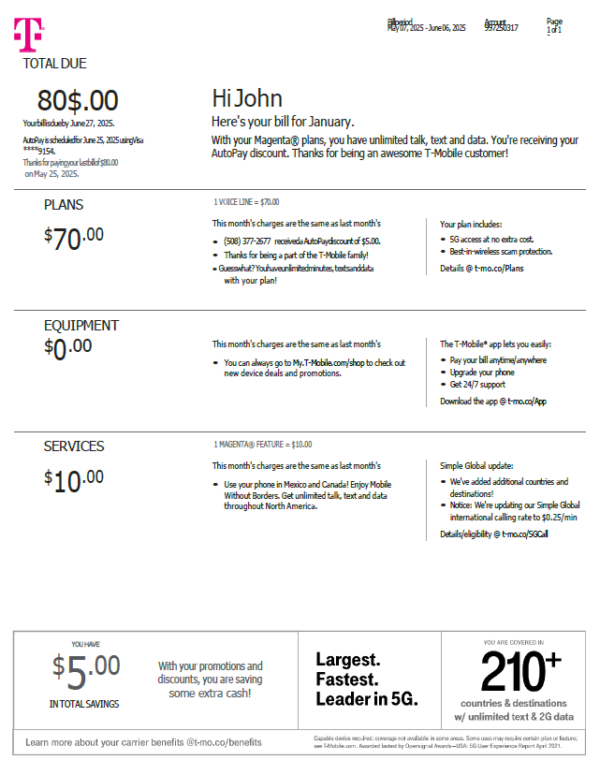USA T-mobile utility bill template in Word and PDF formats, version 3