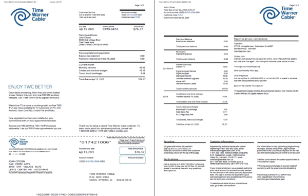 USA Time Warner Cable utility bill template in Word and PDF formats, 2 pages
