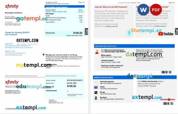 USA XFINITY business utility bill Word and PDF template