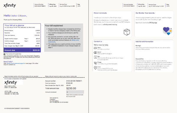 USA Xfinity utility bill template in Word and PDF formats, 3 pages, version 3