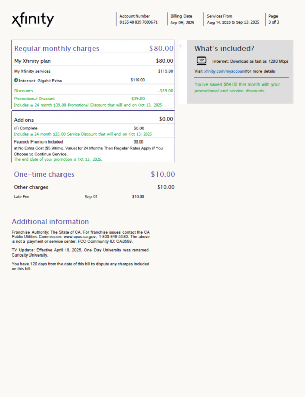 USA Xfinity utility bill template in Word and PDF formats, 3 pages, version 3 - Image 2
