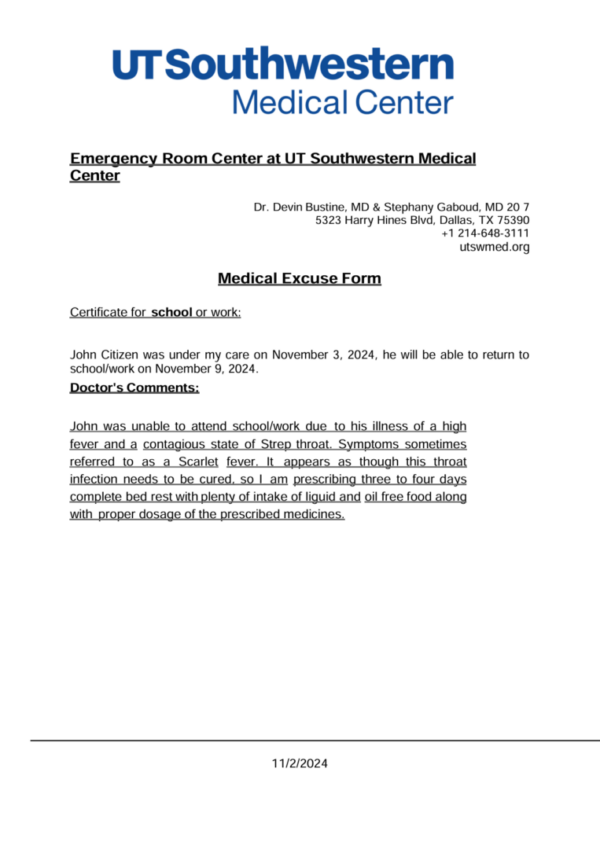 UT Southwestern Medical Center medical excuse template in Word and PDF formats