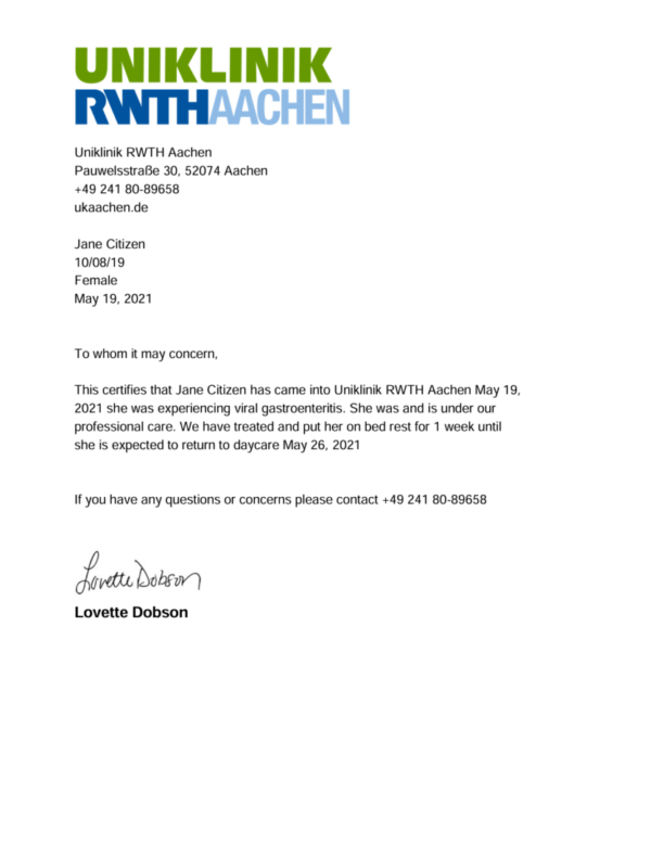 Uniklinik RWTH Aachen doctor note template in Word and PDF formats