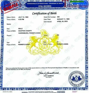 United States Commonwealth of Pennsylvania certificate of birth template in PSD format