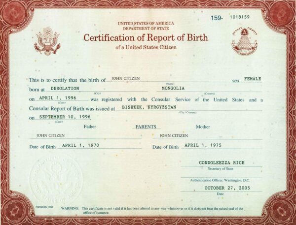 United States Department of State birth certificate template in PSD format