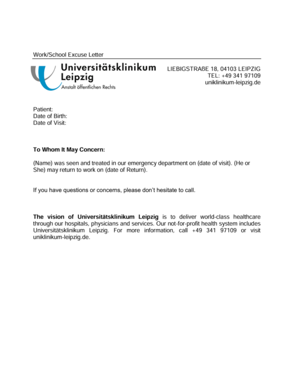 Universitätsklinikum Leipzig excuse letter template in Word and PDF formats