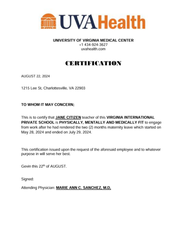 University of Virginia Medical Center certification template in Word and PDF formats