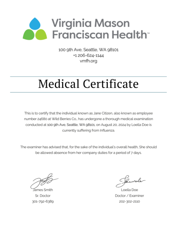 Virginia Mason Medical Center medical certificate template in Word and PDF formats