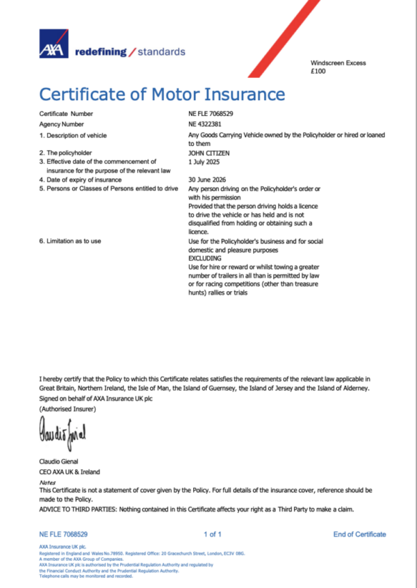 AXA Insurance UK certificate of motor insurance Word and PDF template