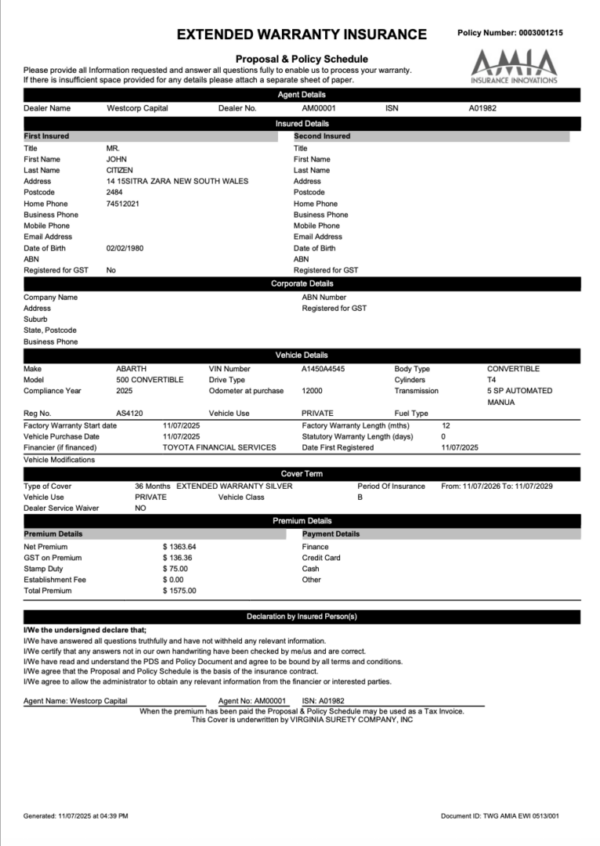 Australia Westcorp Capital extended warranty insurance Word and PDF template