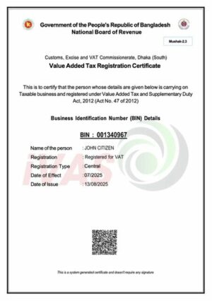 Bangladesh VAT registration certificate Word and PDF template