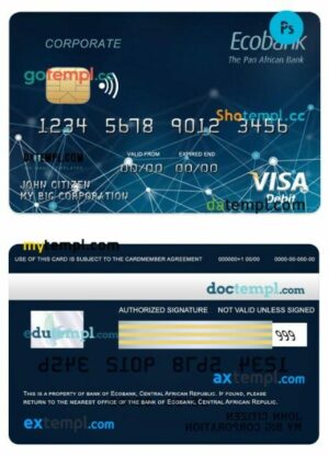 Central African Republic Ecobank bank visa corporate card template in PSD format