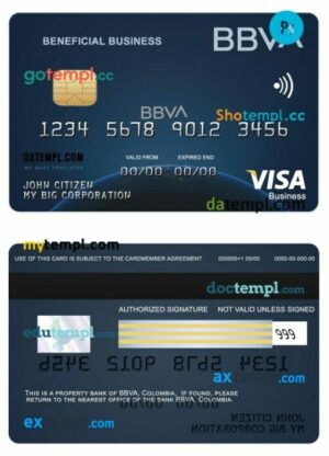 Colombia BBVA bank Beneficial business visa card template in PSD format