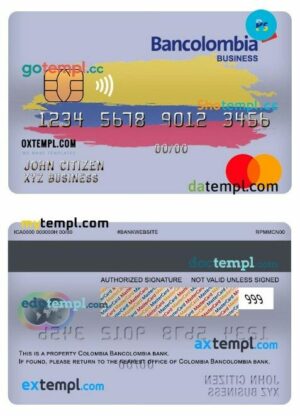 Colombia Bancolombia bank business mastercard template in PSD format