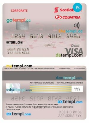 Colombia Scotiabank Colpatria bank corporate visa debit card template in PSD format