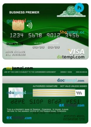 Comoros Sanduk bank business premier visa signature card template in PSD format