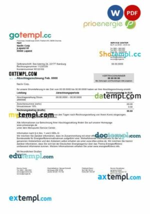 Germany Prioenergie proof of address business utility bill template in Word and PDF format