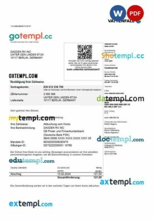 Germany VATTENFALL business utility bill template in Word and PDF format