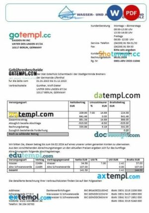 Germany Wavwasser business utility bill template in Word and PDF format