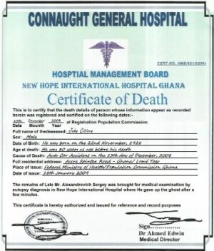 Ghana Connaught general hospital death certificate template in PSD format