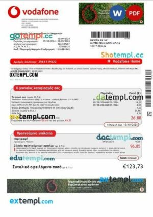 Greece Vodafone Greece business utility bill template in Word and PDF format