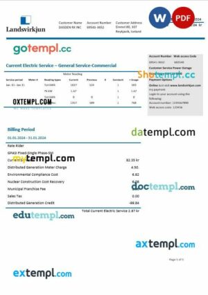 Iceland National Power Company of Iceland Landsvirkjun electricity business utility bill template in Word and PDF format