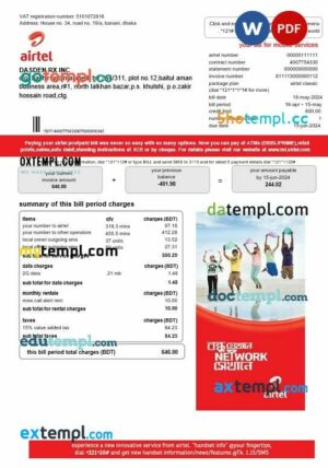 India Airtel telecommunication services business utility bill template in Word and PDF format