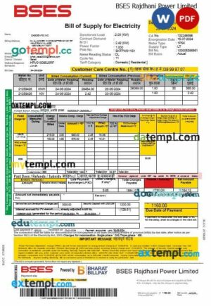India Bses electricity business utility bill template in Word and PDF format