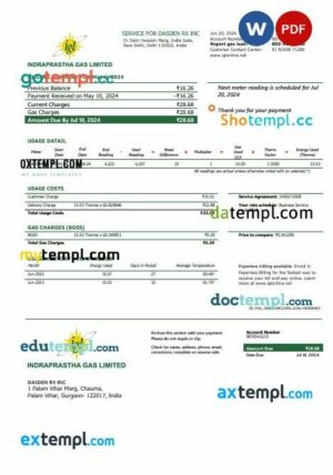 India Indraprastha Gas business utility bill template in Word and PDF format