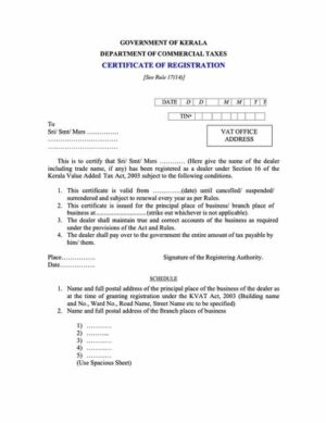 India Kerala certificate of registration Word and PDF template