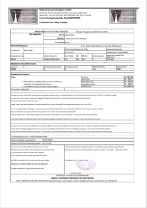 India National Insurance Company Limited certificate cum policy schedule Word and PDF template