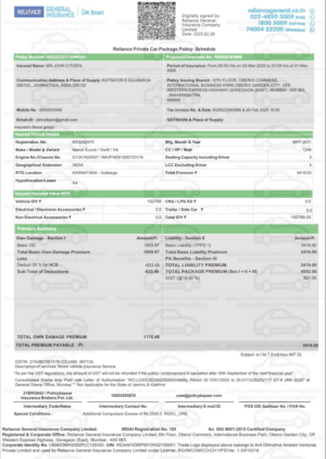 India Reliance General Insurance private car package policy Word and PDF template