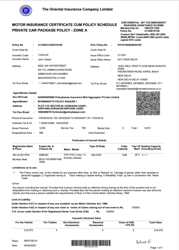 India The Oriental Insurance Company Motor Insurance certificate cum policy schedule Word and PDF template