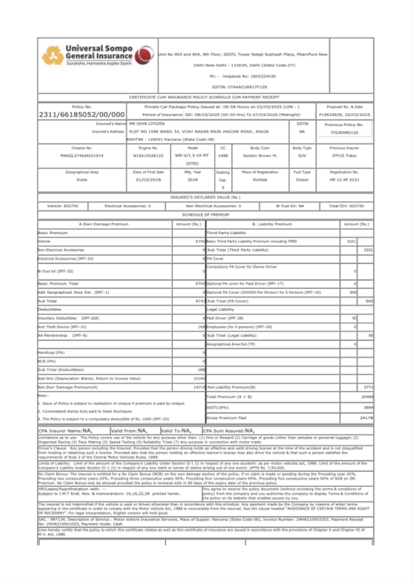 India Universal Sompo General Insurance certificate cum insurance policy schedule Word and PDF template