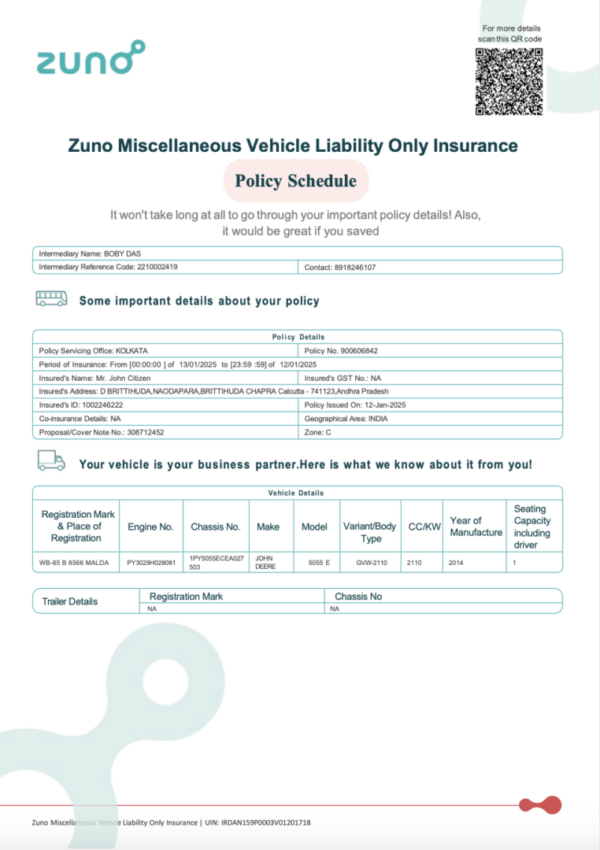 India Zuno General Insurance vehicle liability policy schedule Word and PDF template