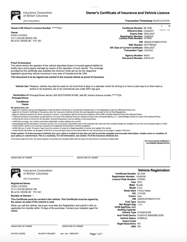 Insurance Corporation of British Columbia owner's certificate of insurance and vehicle licence Word and PDF template