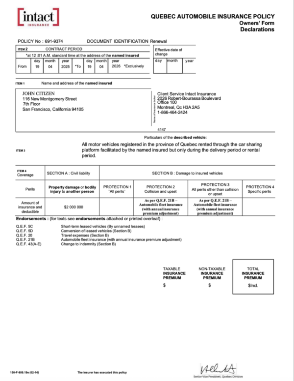 Intact Insurance Quebec automobile insurance policy Word and PDF template