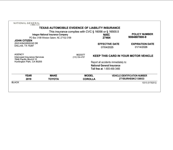 Intercoast Insurance Services Texas automobile evidence of liability insurance Word and PDF template